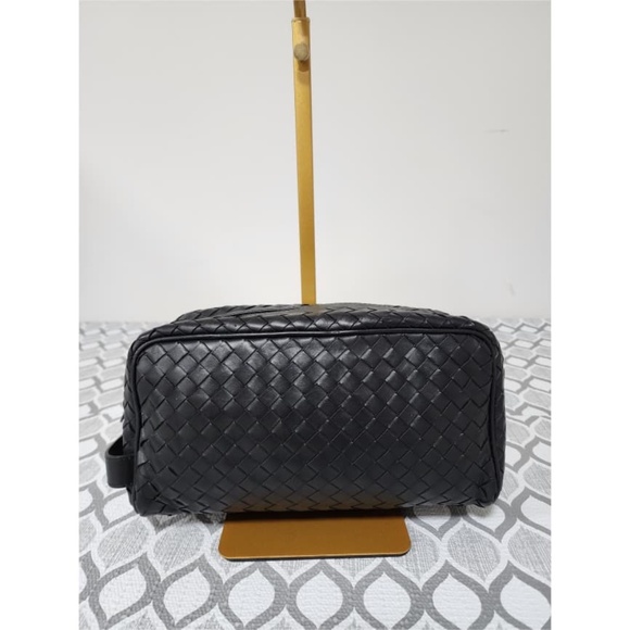Authentic Bottega Veneta Intrecciato Leather Wash Pouch/Clutch Bag Black